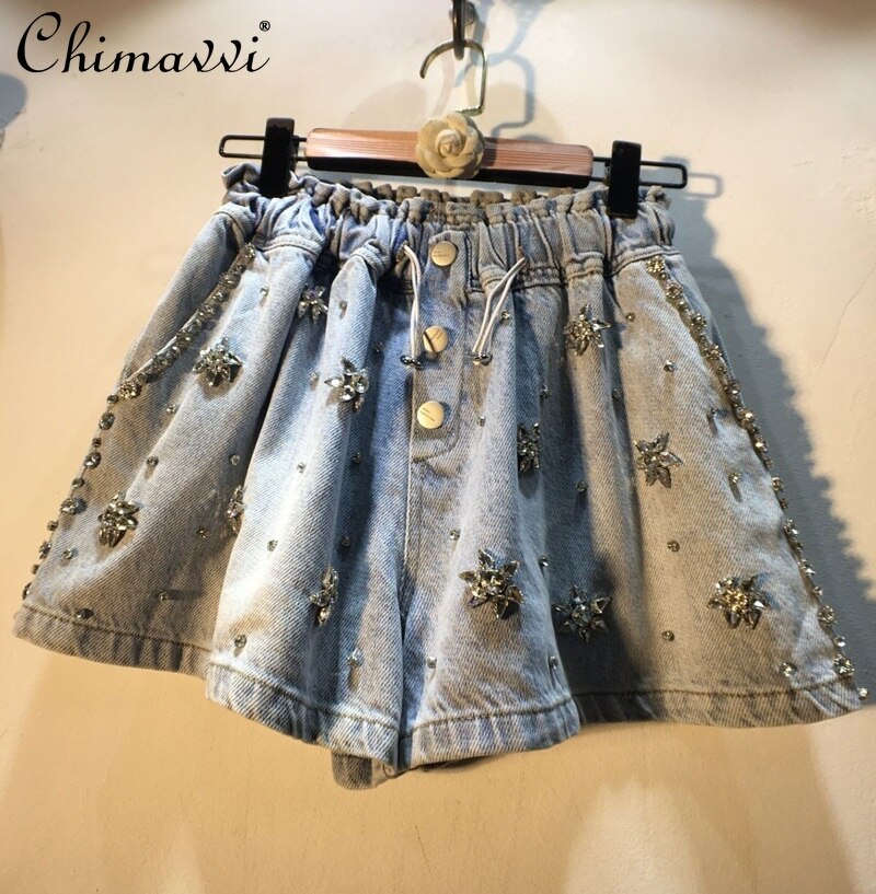 European 2022 Summer Female New Exquisite Rhinestone Beaded Hot Pants Women&s Fashion High Waist Slimming Wide-Leg D